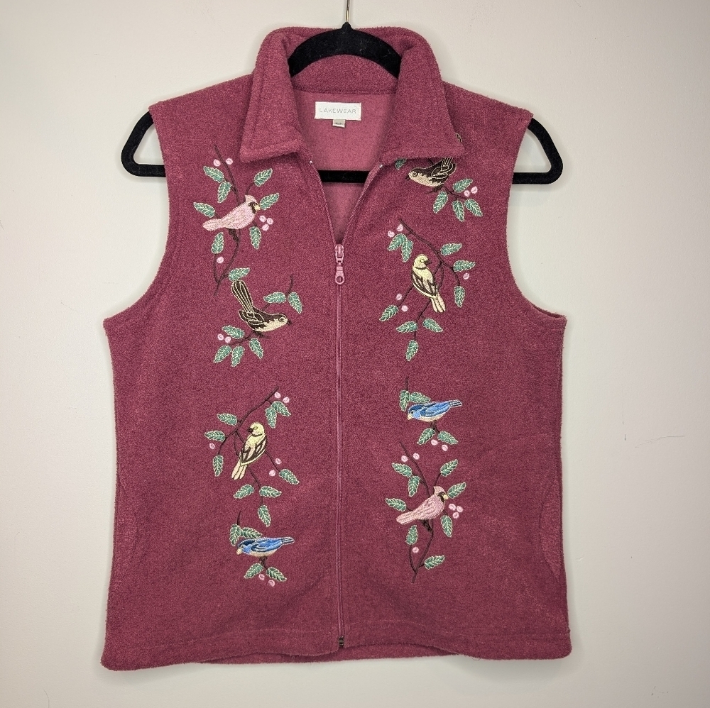 Vintage Lakewear Embroidered Bird Fleece Vest Pink Cottagecore Zip Front S/P - Picture 5 of 11